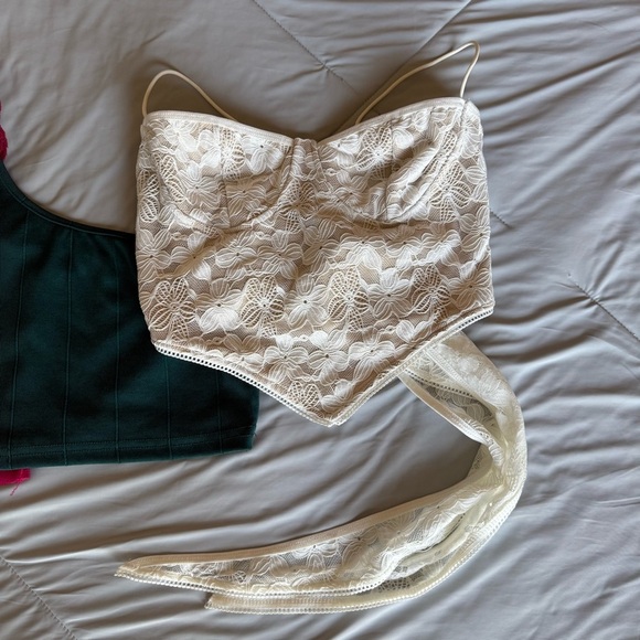 SHEIN Pink, Green, and White Crop Top Tanks One Shoulder Lace Bundle - Picture 2 of 8